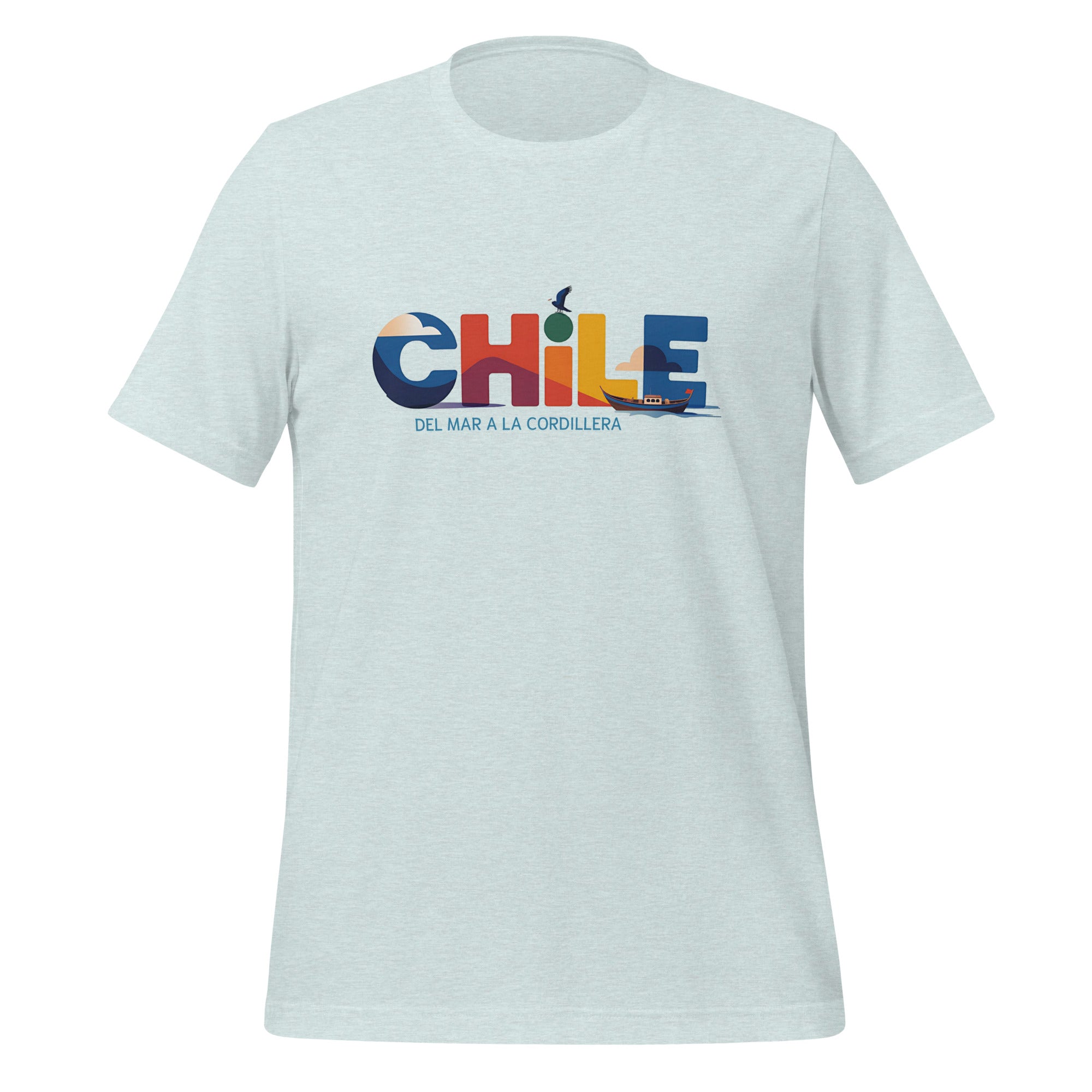T-shirt con diseño colorido del país Chile con texto “Chile – Del Mar a la Cordillera”.